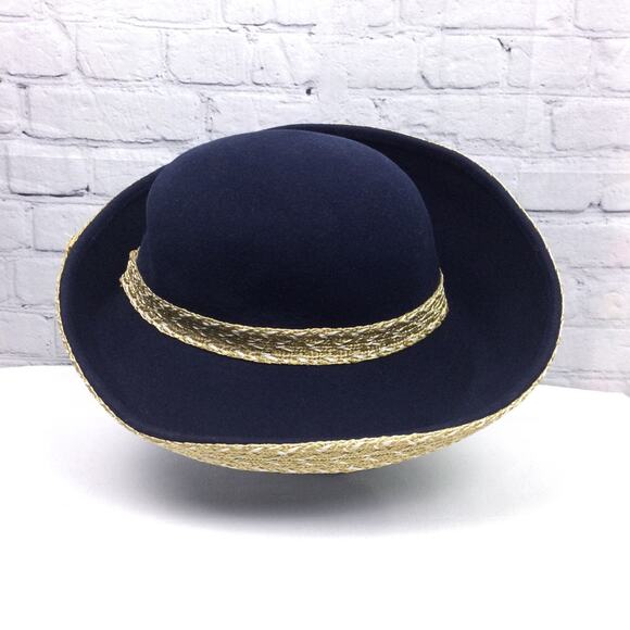 Oscar de la Renta Millery Navy Vintage Gold Wide Ribbon Accent Wool Brim Hat main image 6